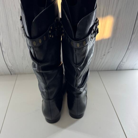Vintage Y2K Guess Coryann Black Leather Slouch Boot Buckle Studded Size 8.5 - Picture 3 of 12